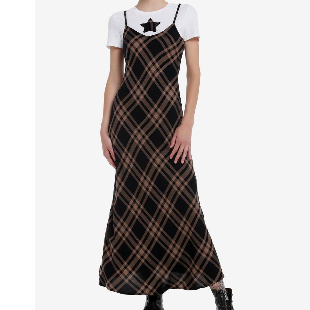 Hot Topic Social Collision Black & Brown plaid tank maxi dress soft acedamia